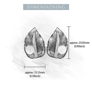 Technical drawing of S925 silver leaf earrings showing dimensions in inches and millimeters