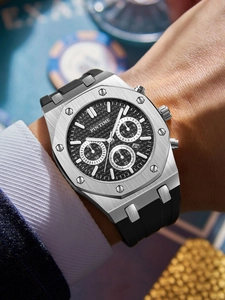 Men's sports watch with black carbon fiber dial and octagonal stainless steel case
