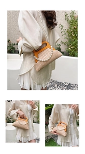 Detail of woven straw handbag with elegant wooden handle and stylish pearl chain strap
