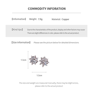 Detail view of silver snowflake earrings with zirconia settings and product dimensions