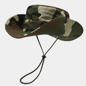 Detail of woodland camouflage boonie hat with side snap buttons and ventilation eyelets