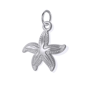Detailed close-up of a silver starfish pendant charm with a textured metallic finish
