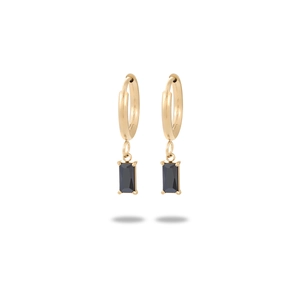 Polished gold earrings featuring rectangular black zircon drops on elegant closed hoops