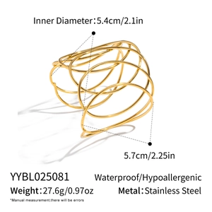 Macro detail of 18K gold plated stainless steel multi-layer woven bangle with dimensions