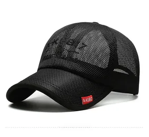 Detail of breathable mesh fabric on black baseball cap with red A-KUBIZ woven label