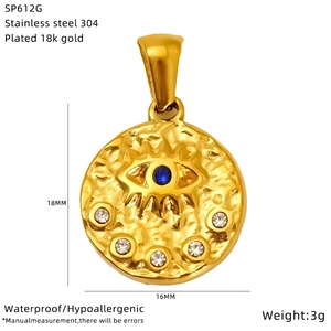 Detailed specs of the 18K gold hammered necklace pendant with turquoise devil eye