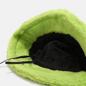Neon green plush bucket hat for winter featuring internal adjustable drawstring for warm fit