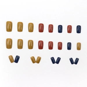 Glossy mustard yellow and brick red short square press-on nails set with 24 pieces