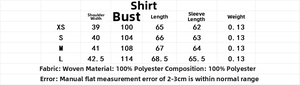 Size chart showing shoulder and chest measurements for the printed bow blouse for women