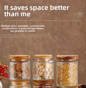 Stackable embossed glass storage jars with airtight bamboo lids for kitchen organization