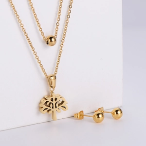 Collier Pendentif Arbre De Vie En Acier Inoxydable Et Boucles D'oreilles Puces Perles Rondes Pour Femme Style Coréen Or Argent Électroplaqué