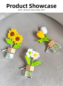 Hand-crocheted sunflower and tulip car diffuser clips with glass bottles and wood plugs