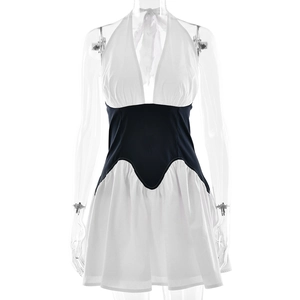 Fashionable backless halter mini dress in white with contrasting black waist panel