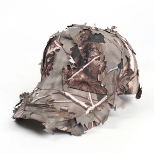 Detail of 3D bionic leaves on camouflage baseball cap for outdoor jungle hunting training