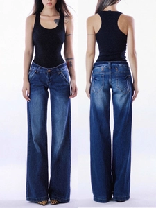 Women American Retro Wide Leg Jeans Low Waist Cotton Blend Washed Straight Streetwear Denim Trousers