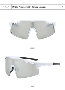 Front and side views of white cycling sunglasses with silver mirrored lenses for sports