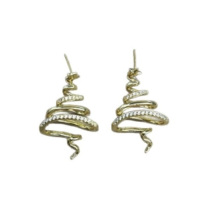 Golden Christmas tree stud earrings with spiral design and white zircon stones