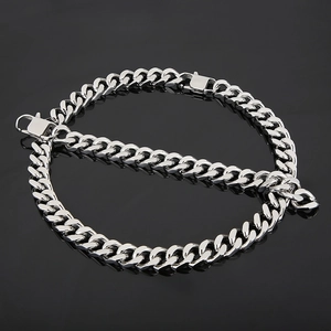 Polished silver stainless steel Cuban chain necklace with central ring and lobster clasps