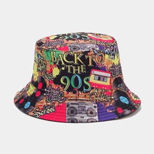 Detail of retro graffiti print bucket hat with Back To The 90s and Break Dance text