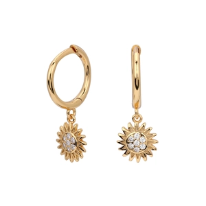 Detail of gold-plated hoop earrings with sparkling sunflower zircon pendant