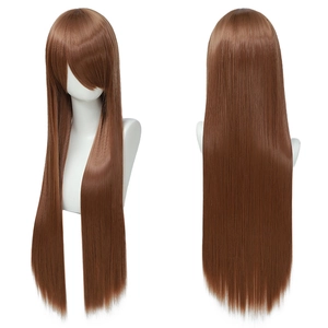 Front and back view of long straight brown cosplay wig with bangs, sleek texture, 80cm length