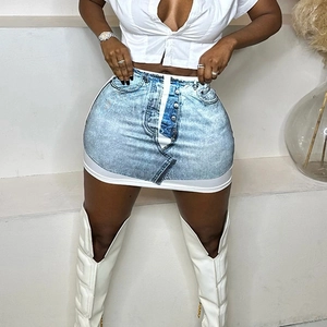Faded blue denim mini skirt with button closure and elastic waist for women