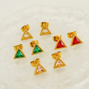 Triangle Stud Earrings Stainless Steel 18K Gold Plated Zircon Geometric Inlaid Milgrain Edge Elegant Fashion For Women