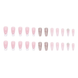 Sparkly pink ballet style false nails with rhinestones and glitter in a medium long trapezoid