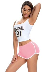 Close-up of white tank top with Original 91 print and pink yoga shorts for women