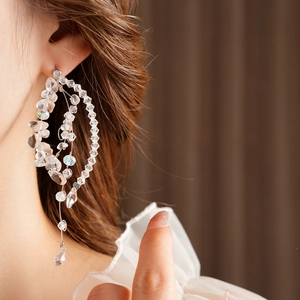 Detail of beaded clear crystal tassel earrings featuring multi-strand drop design