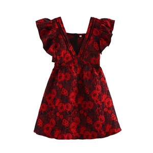 Women Jacquard Mini Dress V Neck Flutter Sleeve High Waist Floral Elegant Sweet Classical A Line Short Dress