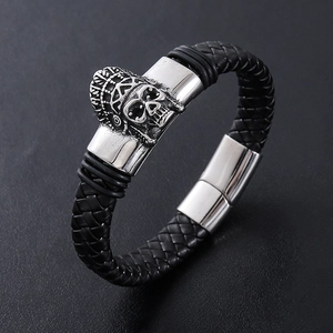 Men's gothic braided leather bracelet featuring a silver skull with Indian feather headdress