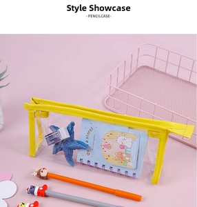 Detail of yellow transparent pencil case showing waterproof PVC texture and zipper closure