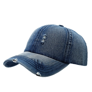 Distressed navy denim baseball cap with vintage wash and stylish ripped details