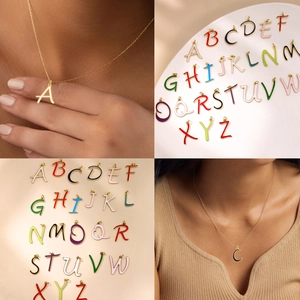 Golden titanium steel A-Z alphabet pendants with colorful enamel inlay on necklaces