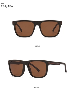 Front and side views of matte black TR sunglasses with brown lenses and red stripe detail