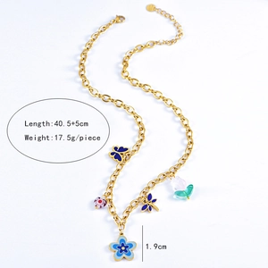 Detailed view of gold chain necklace with colorful enamel charms and size specifications