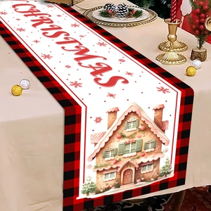 Christmas table runner with gingerbread house and red buffalo plaid pattern decor