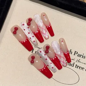 Press On Nails Long Coffin Handmade Three Dimensional Red Bow Silver Glitter Cat Eye Polka Dot French Style False Nails