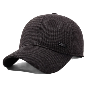 Deep brown wool-like textured baseball cap with S.T. metal logo and classic six-panel design