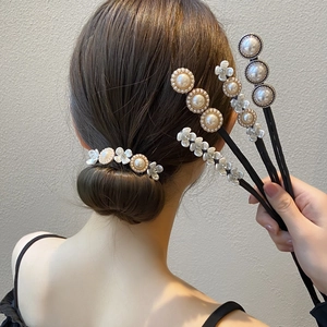 Close-up of hair pins with pearls and resin flower charms on various hairstyles
