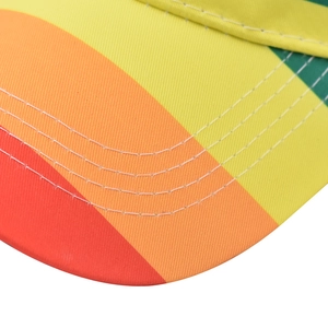 Detail of colorful rainbow striped baseball cap featuring durable reinforced white stitching