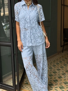 Women's light blue lace three-piece set with short sleeve shirt and wide-leg trousers