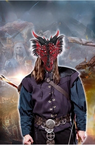 Macro detail of red and black dragon mask featuring realistic scales and sharp horns