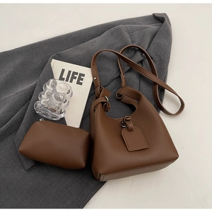 Women Bucket Bag Lychee Pattern PU Leather And Pouch Minimalist Retro Crossbody Handbag For Daily Work