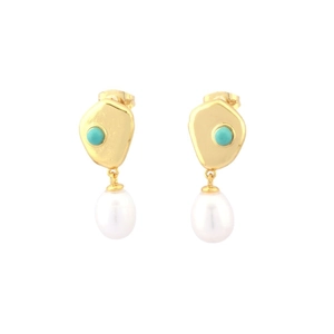 Vintage 18K gold plated earrings featuring turquoise studs and teardrop pearls
