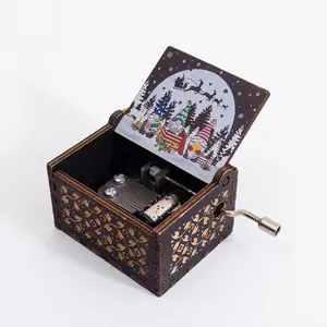 Hand Cranked Wooden Music Box Engraved Mechanical Merry Christmas Theme Festive Decorative Tabletop Gift For Family