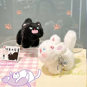 Plush Cat Keychain Furry Frizzy Hair Grumpy Expression Cute Cartoon Kitten Bag Charm Pendant Alloy Bell For Women