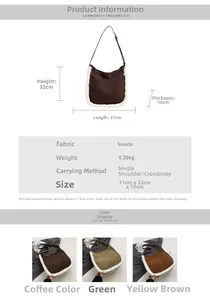 Size chart and color selection of suede crossbody bag with faux fur trim detailing