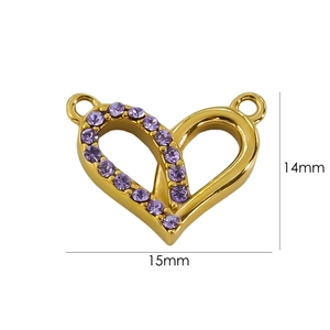 14K gold plated heart charm with purple cubic zirconia, measuring 15mm by 14mm